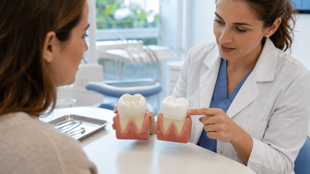 Dental crown and filling treatment options shown with a tooth model