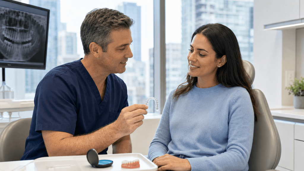 Clear aligners being discussed during an Invisalign consultation in Toronto