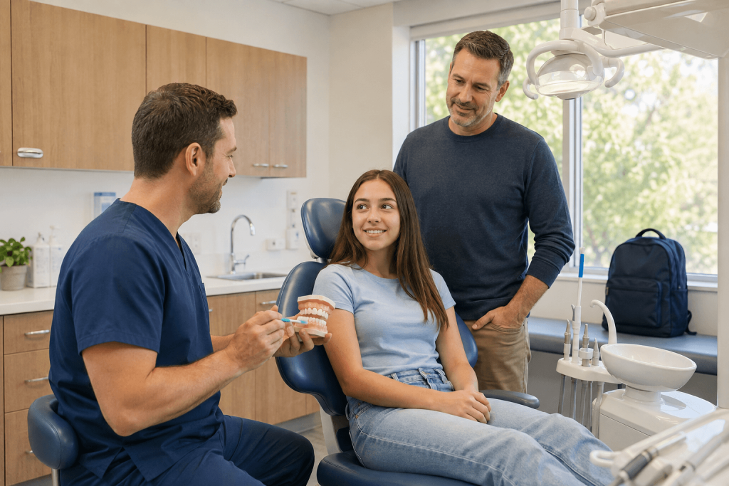 Dentist discussing preventive dental care with a teenage patient and her father during a family dental checkup.