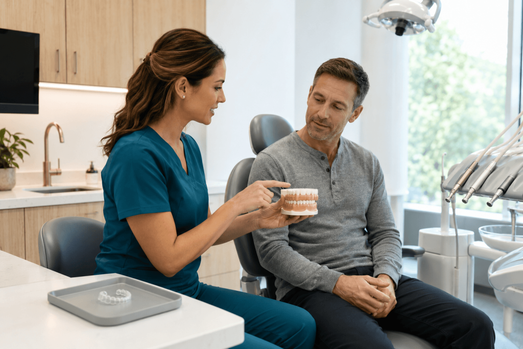 Female dentist explaining clear aligner treatment with a dental model to an adult patient seated in a dental chair.