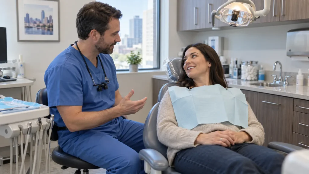 Woman in a dental chair smiles while speaking with a dentist in blue scrubs in a compact exam room.