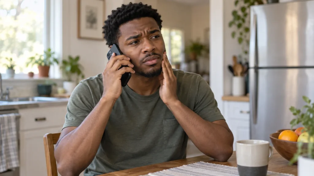 Man touches his cheek while making a phone call at his kitchen table.