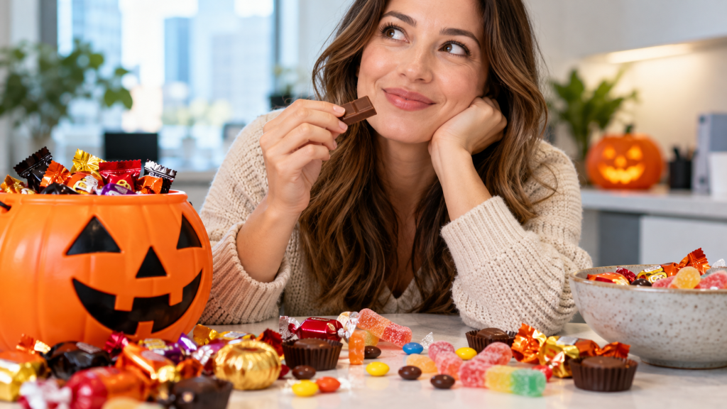 Woman enjoying Halloween candy, illustrating how frequent snacking can affect teeth and increase the risk of sensitivity, cavities, and enamel damage
