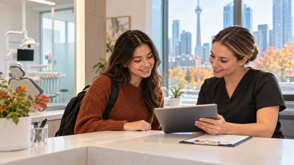 Student reviewing dental insurance coverage with a dentist in Downtown Toronto during a fall appointment